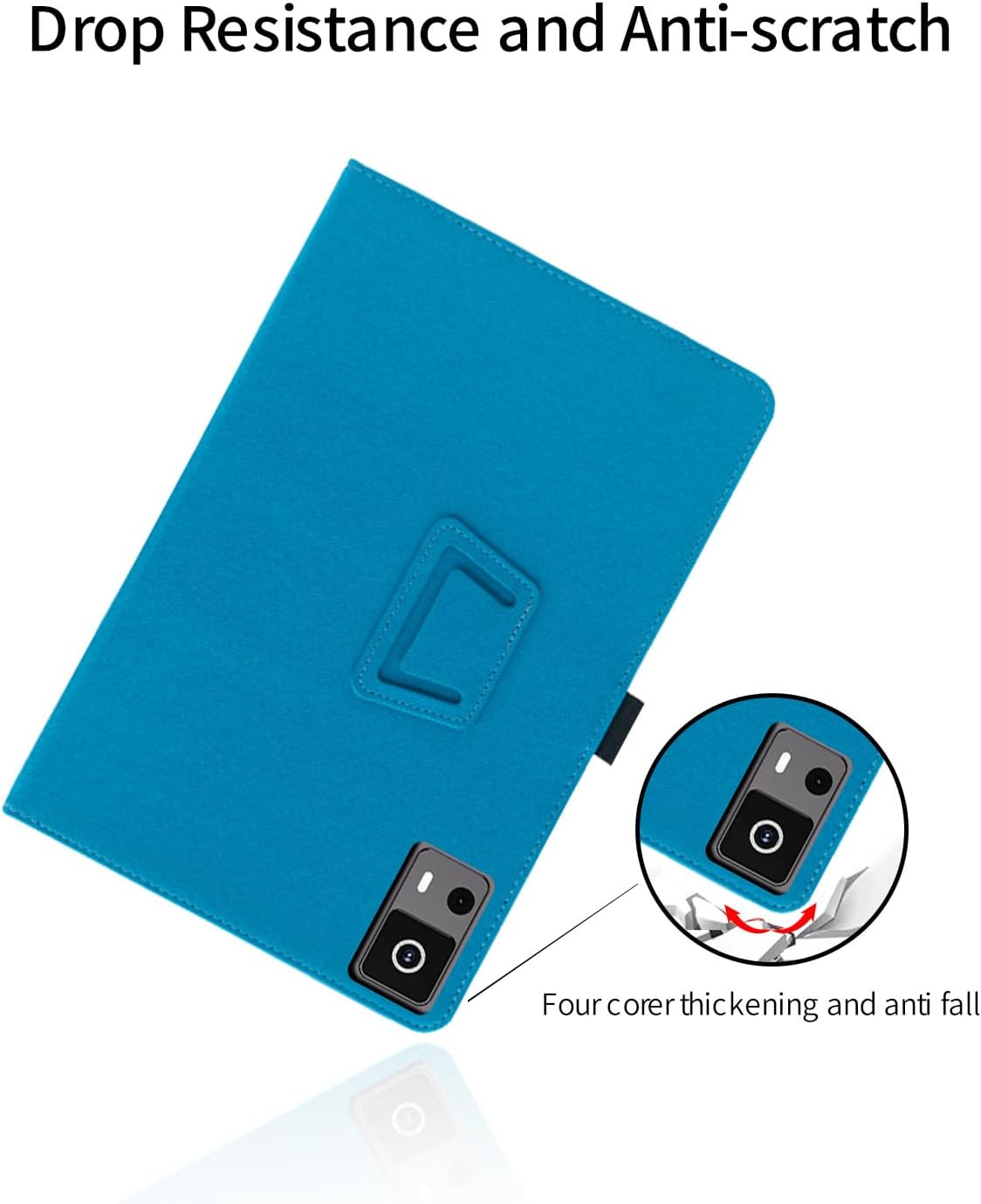 Image showing the tablet case with an emphasis on thickened corners for drop resistance and anti-scratch properties.