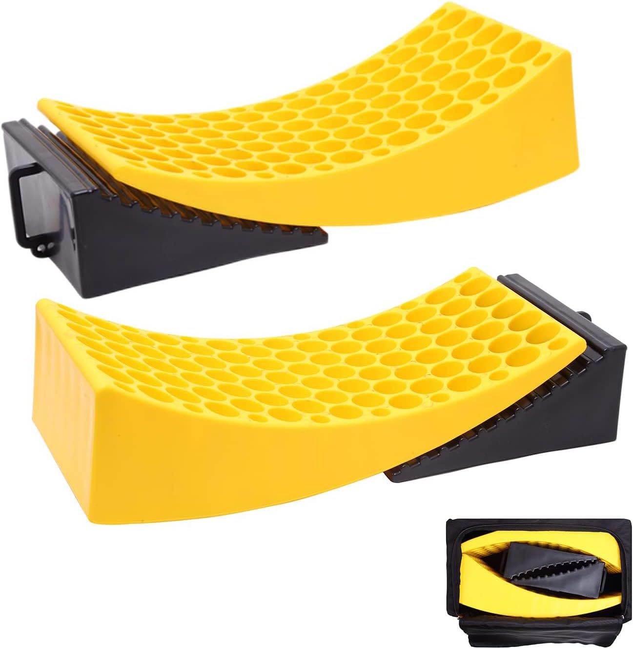 Camper Leveler,RV Leveling Blocks for Journey Trailer Embrace Two Curved RV Levelers with Two Camper Wheel Chocks and Bag-As much as 35,000 LBS Yellow/Black
