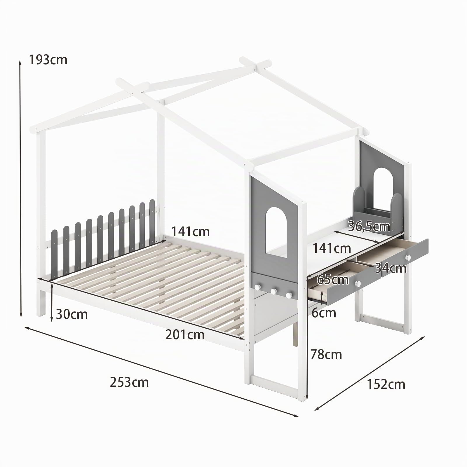 RELAX4LIFE Letto per Bambini in Legno a Forma di Casa con Scrivania Laterale e 2 Cassetti, Lettino a Casetta con Tetto per Ragazzi e Ragazze, Portata 150KG (253x152x193cm)