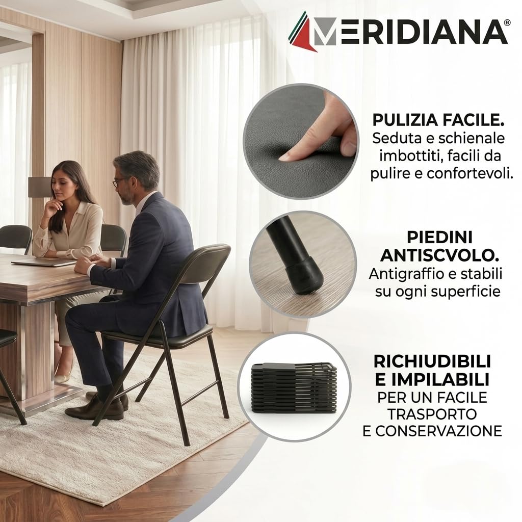 Meridiana Set 6 sedie Pieghevoli in Metallo con Seduta in Ecopelle, sedia pieghevole, salvaspazio, per Casa, Ospiti, ufficio, sedie pieghevoli da interno e Campeggio