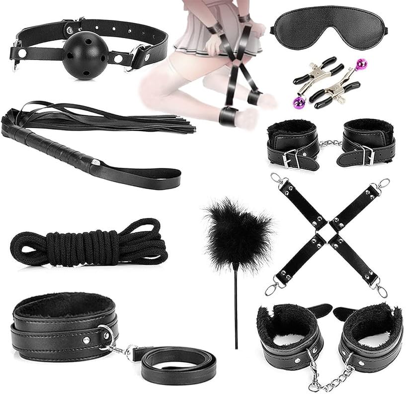 Sex Bondaged 10 Pezzi Regolabile in Pelle Nera Combinazione Kit con Manette in Pelle Regolabile E Sex Piuma Bastone - D25