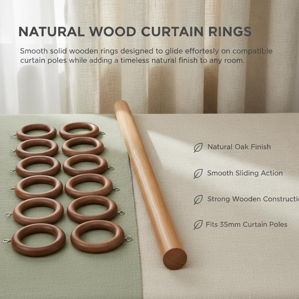 Ganchos de madera de 38 mm para colgar cortinas con ojos de roble natural, ojales deslizantes para barras de 35 mm, paquete de 24.