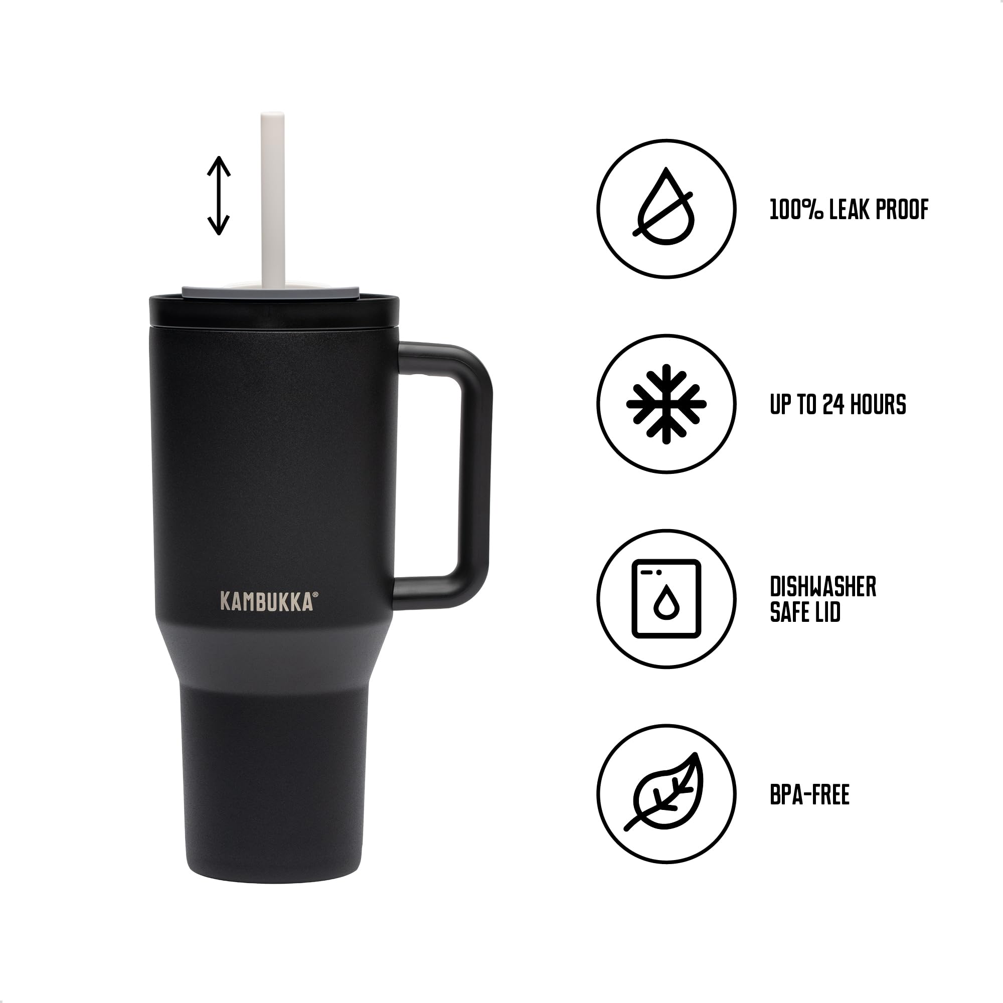 Kambukka Rio 950ml Gobelet Isotherme avec Paille Télescopique - Acier Inoxydable, Boissons Froides +24 h, Sans BPA, Poignée de Transport, Compatible Lave-Vaisselle - Cavalier de Nuit