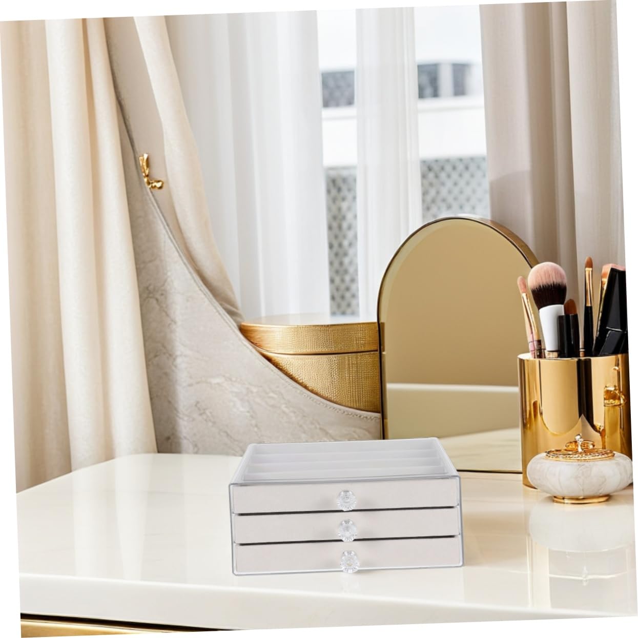 Schmuckaufbewahrungsbox mit Schublade aus Pte, Beige, für Ketten