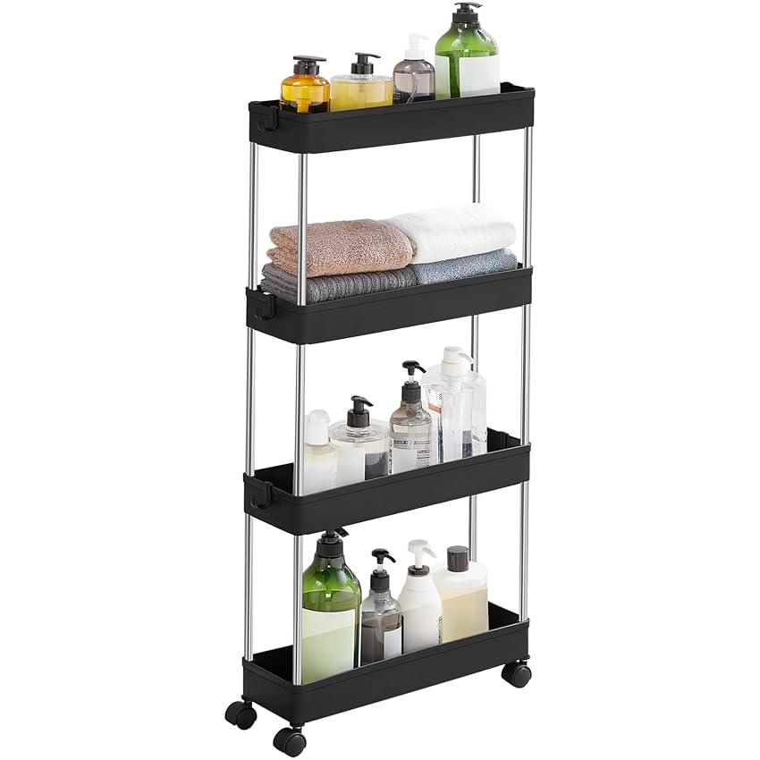 SONGMICS Carrello Portaoggetti a 4 Livelli, Carrello con Ruote, Carrello da Cucina Salvaspazio in Bagno Ufficio, 14,4 x 42 x 86 cm, Nero Inchiostro KSC008B01