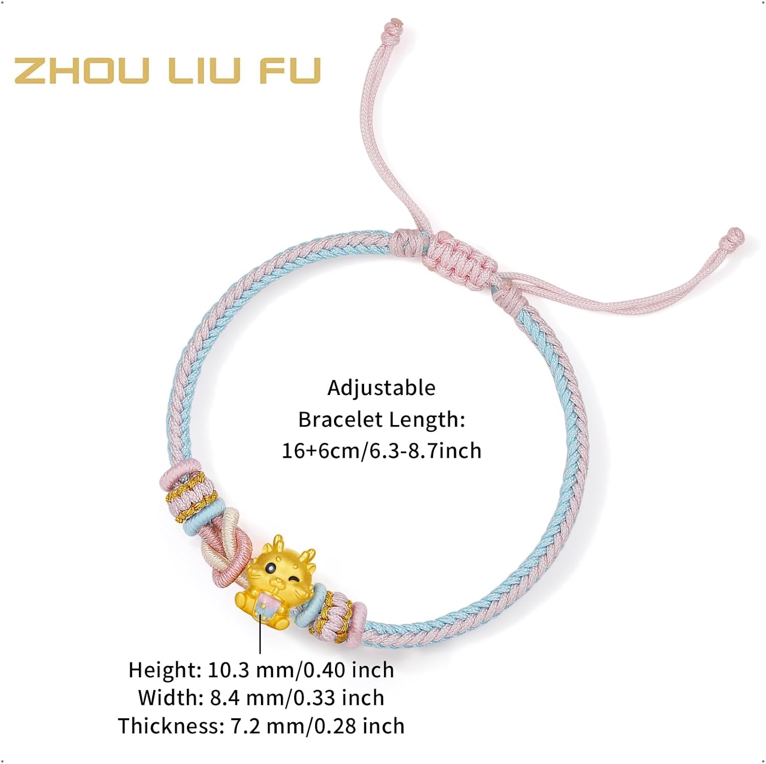 ZHOU LIU FU 24K Real Gold Bracelets Pure Gold Zodiac Animal Charm Braided Bracelet Colorful Enamel Cute Adjustable Jewelry for Women Mom Daughter Birthday Anniversary 6.3-8.7"(16+6cm)