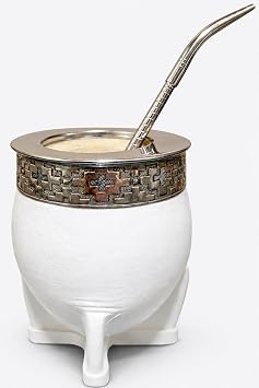 Yerba Mate Cup Set with Straw Bombilla, Imperial Argentina-Style Mate Cup with Calabash Interior, White Leather Wrap, Alpaca Silver Band and Steel Rim, Handmade Argentino Craft Geometric Band