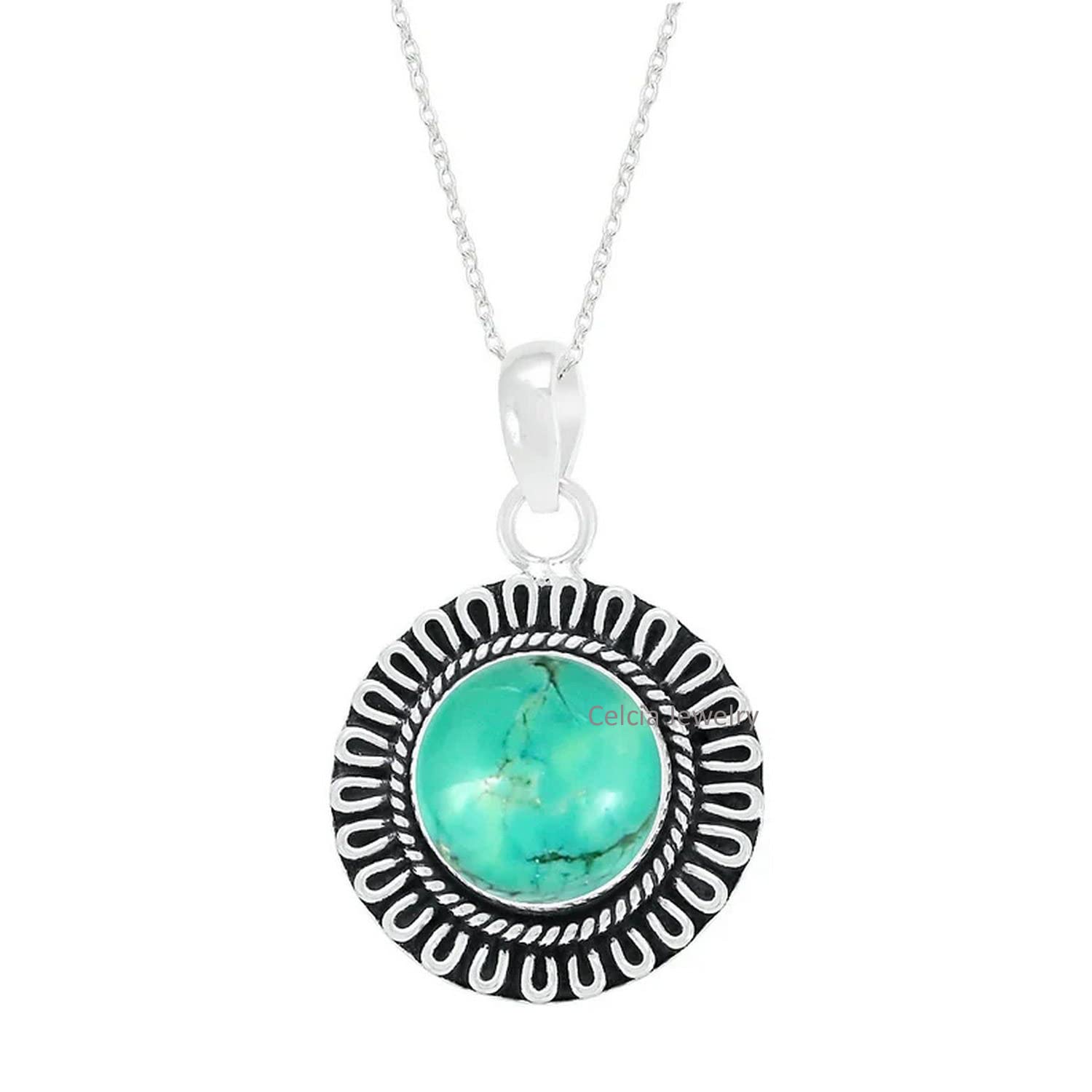 Collana in argento sterling 925 massiccio per donna, pietra preziosa turchese blu tonda genuina, regalo unico fatto a mano con pietra natale di dicembre per lei
