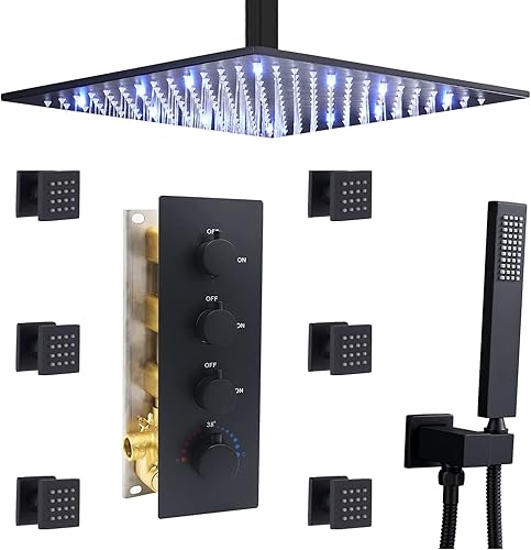 HOMEDEC Sistema de ducha de cuerpo completo de latón de 12 pulgadas, juego de grifo de ducha de lluvia LED con válvula termostática de múltiples