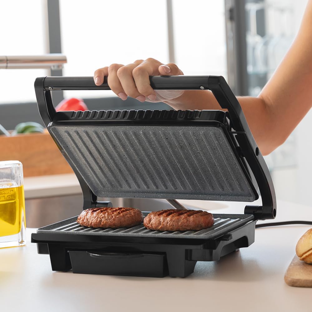 Cecotec Elektrischer Kontaktgrill Rock'Ngrill Dark 1000 Pro. 1000 W, RockStone Antihaftbeschichtung, PTFE und PFOA Frei, Fettwanne, Schwimmende Platte, 25,4x17,5 cm Kochfläche und LED Anzeige