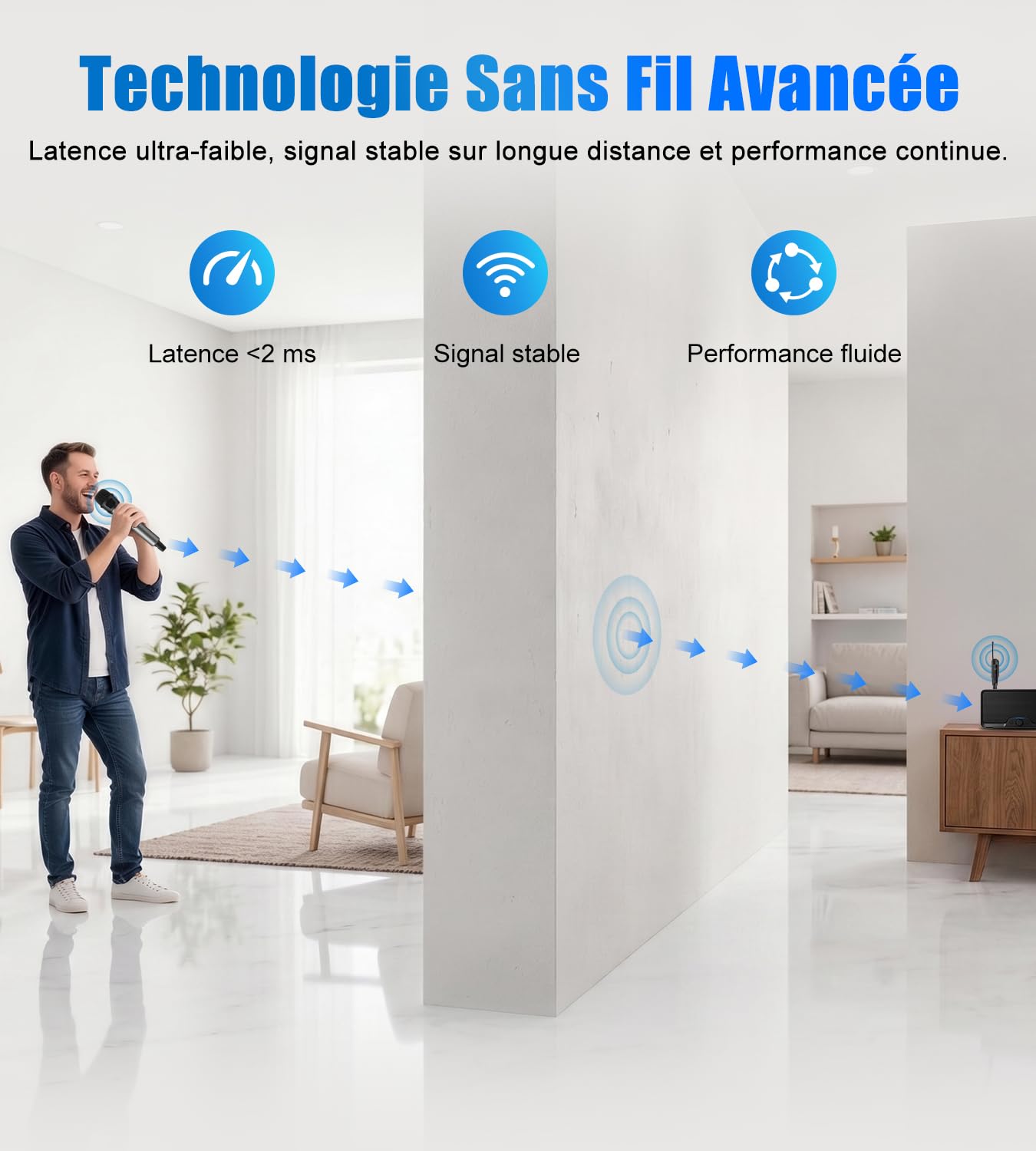 Aveek Set de 2 Micros Sans Fil – Portée 80m, Autonomie 40h, Rouge & Noir