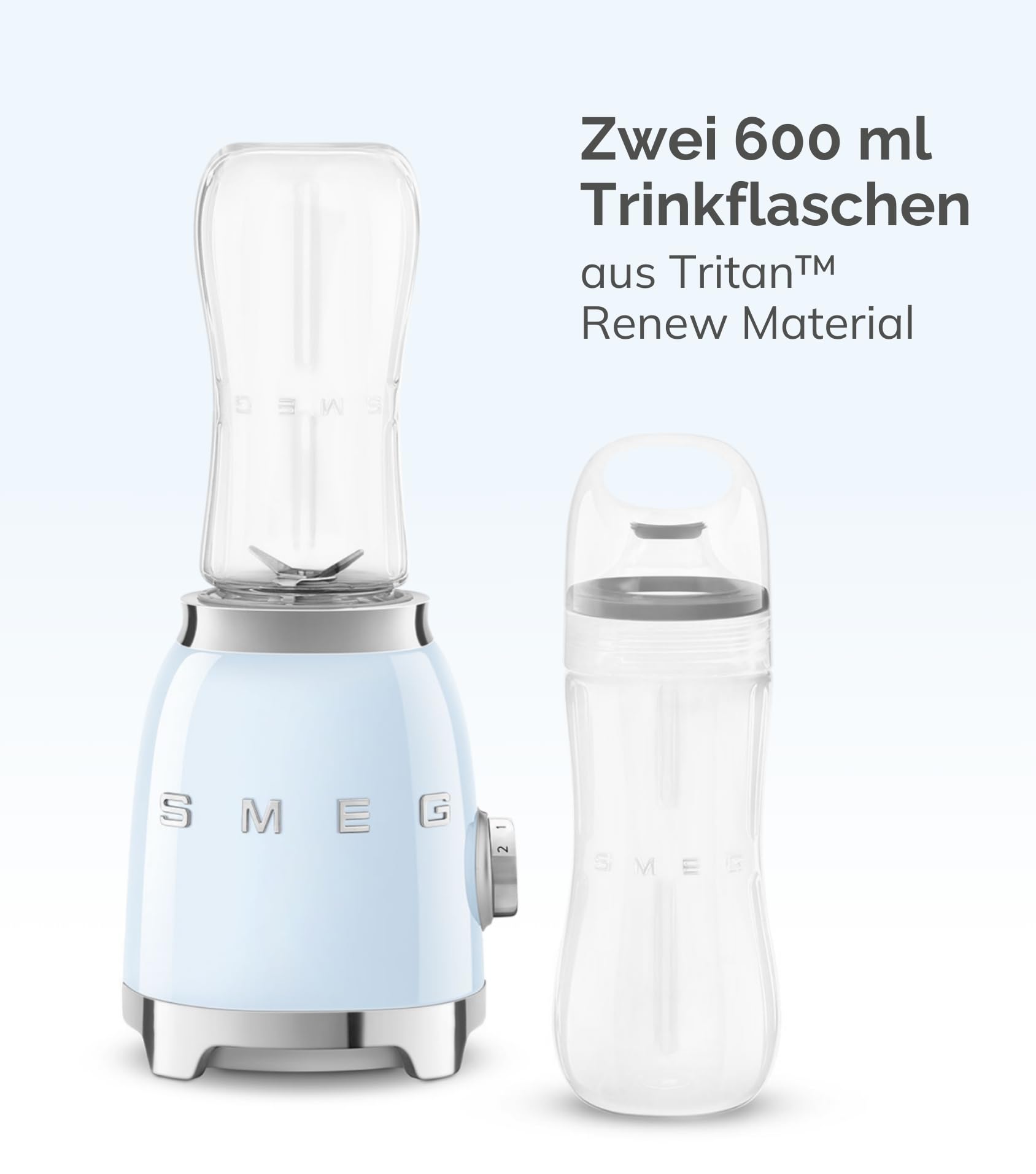 Smeg, Personal Blender PBF01PGEU, 2 Geschwindigkeitsstufen, Doppelklinge aus Edelstahl, 2 x 600 ml Flaschen inklusive, rutschfester Standfuß, integrierte Kabelaufwicklung, 300W, Pastellgrün