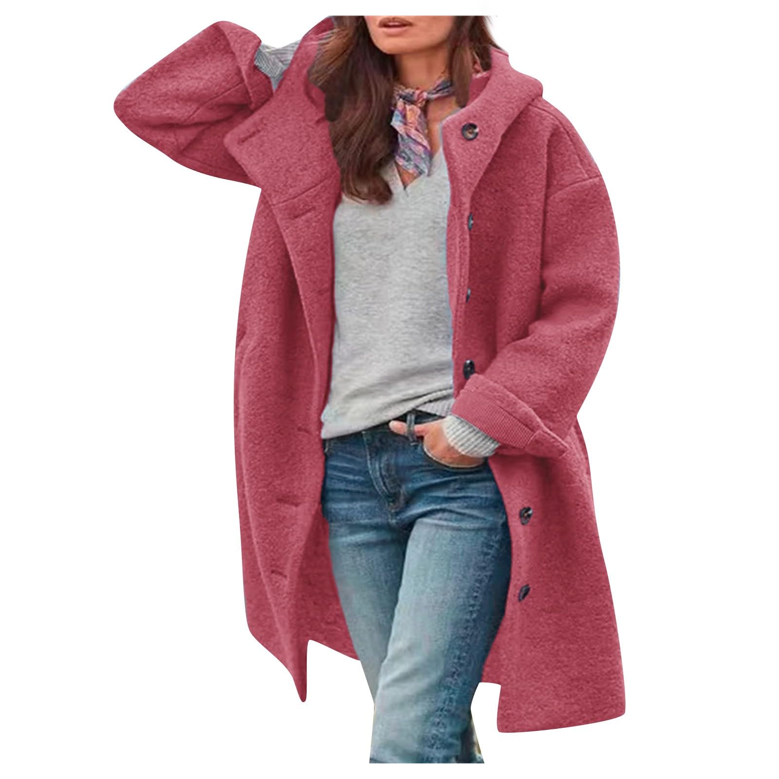 FUPODD Wintermantel Damen Lang Wolle Kapuzenjacke Mit Knöpfen Wollmantel Damen Winter Winterjacke Warm Mantel Mit Kapuze Damenmantel Oversized Trenchcoat Winddicht Wolljacke Frauen Casual Outwear