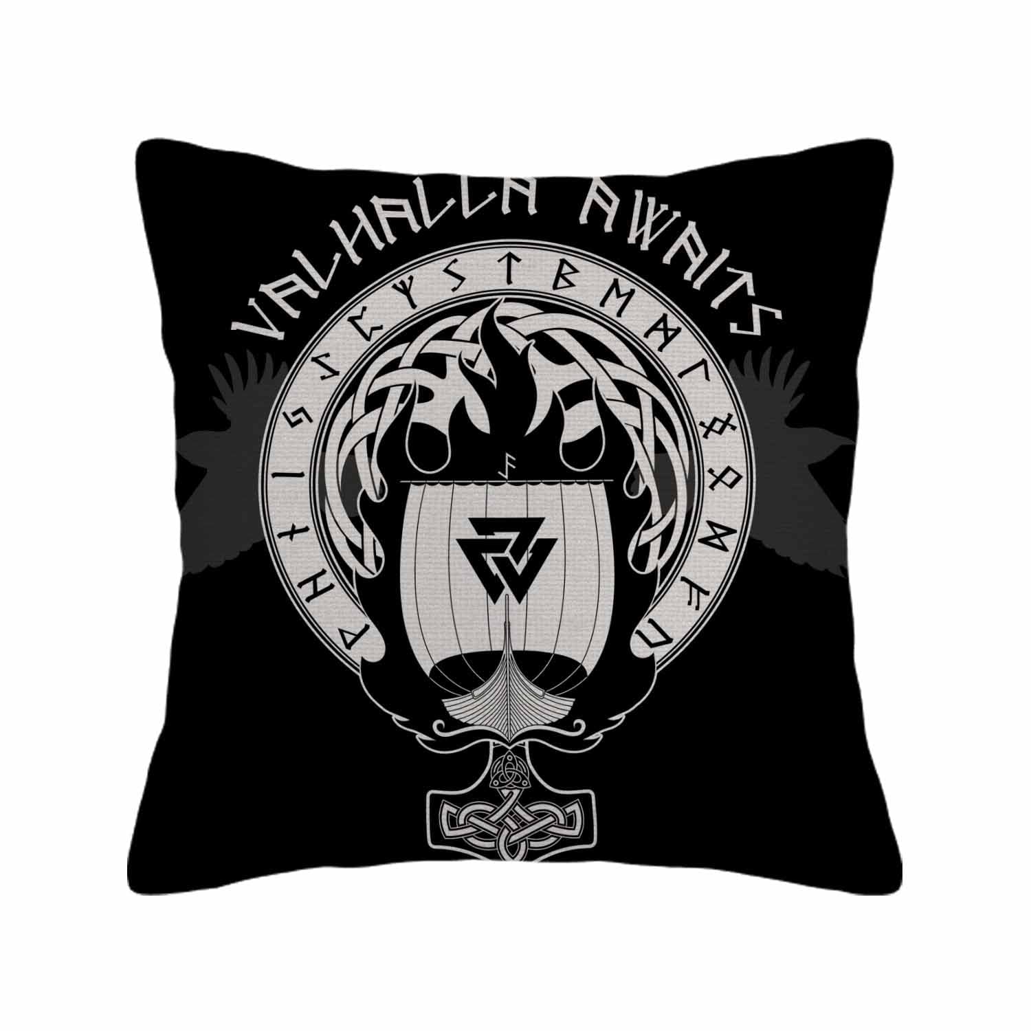 Husandy Throw Pillow Covers Mandala Hippie Blue Boat Warship of The Drakkar On Fire and Black Warrior Pillow Case 18x18 Inch Cushion Cover for Home Party Decor