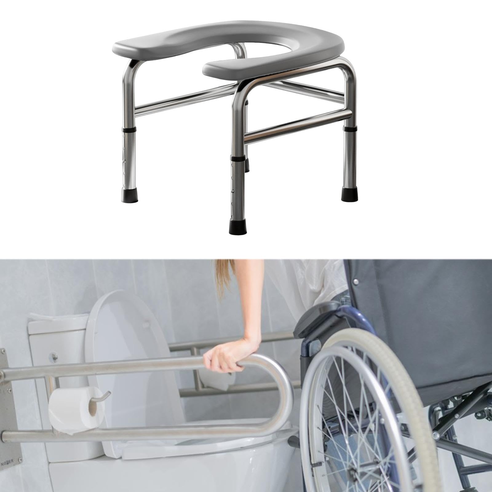 B Baosity Taburete de Inodoro Ajustable para Mayores Estructura Robusta de Acero Inoxidable Soporte hasta 150kg Diseño Impermeable Adecuado para Pacie, Gris