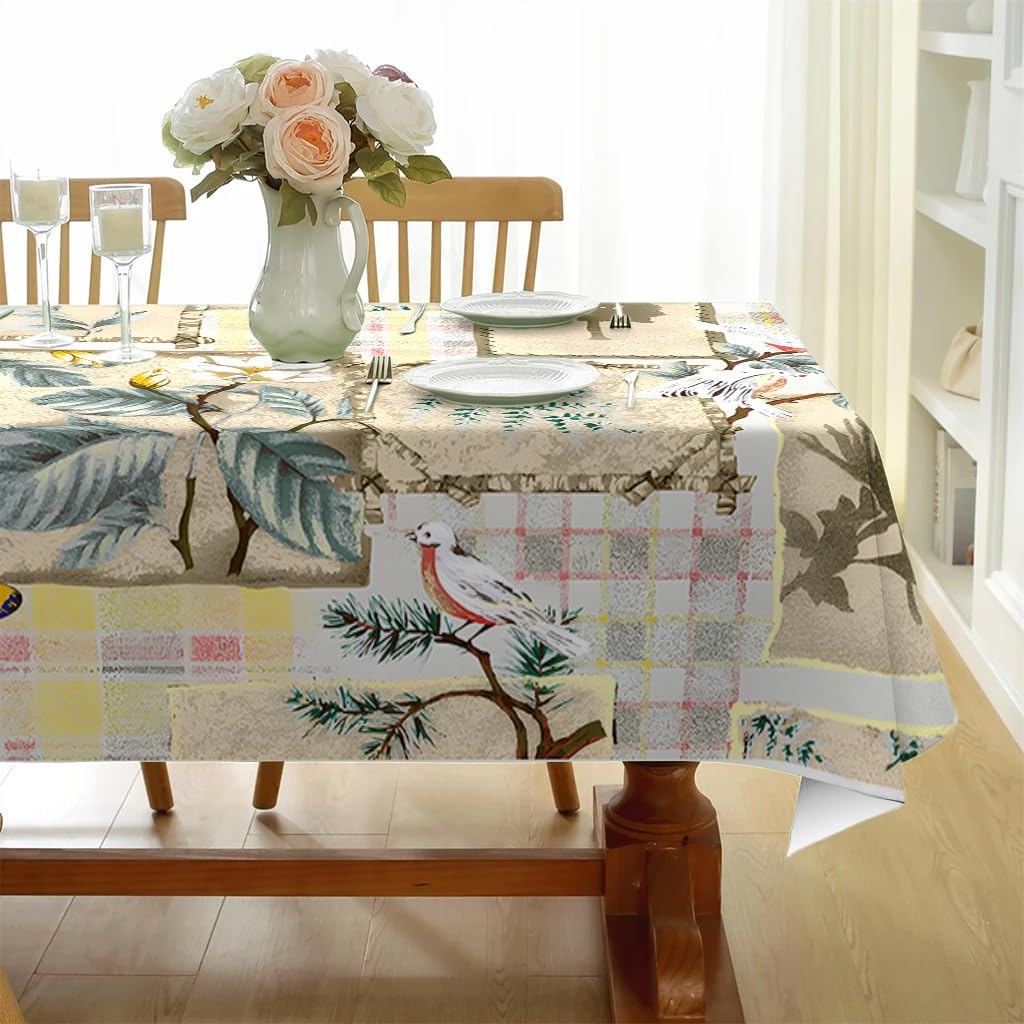 Patchwork À Carreaux Nappe Rectangulaire 160x200 cm Oiseau De Forêt, Nappe de Table Motif Papillon Vintage en Polyester, Nappe en Tissu Imperméable et Anti-Tache - S-84
