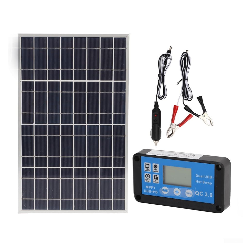 Pannello Solare incorniciato, modulo in Silicone policristallino da 12 V 24 V con Controller Impermeabile 60 A per Kit regolatore Caricabatterie per Batteria (2 Pannelli + 60 A)