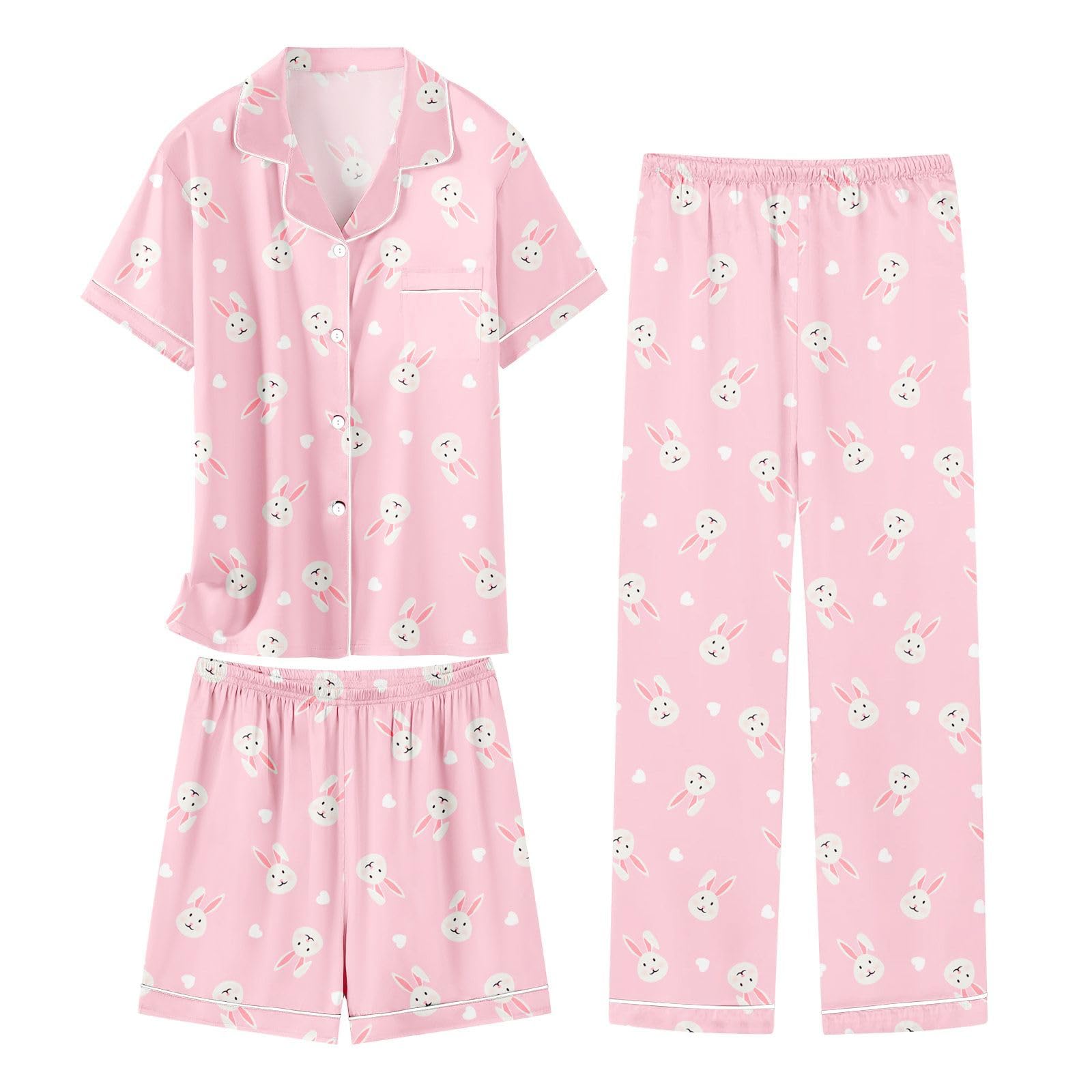 Schbbbta Girls 3 Pieces Pajamas Sets Silk Satin Sleepwear Button Down Short Sleeve Pjs Outfits