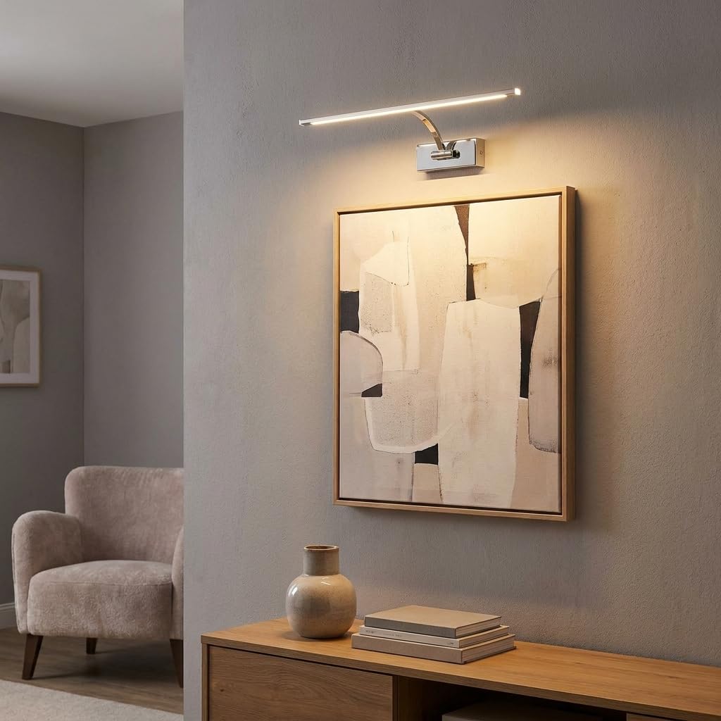 BARCELONA LED Aplique LED para Cuadros 6W Ajustable Cromado | Lámpara de Pared Interior con Brazo Orientable | Luz Cálida 2700K | Iluminacuadros LED CRI>80 para Fotos, Arte, Espejos, Salón y Galerías