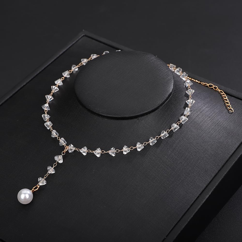 Jumwrit Sparkle Rhinestone Choker Necklace Dainty Pearl Drop Pendant Y Necklace Boho Beaded Fashion Necklace Jewelry for Women Girls - Image 5
