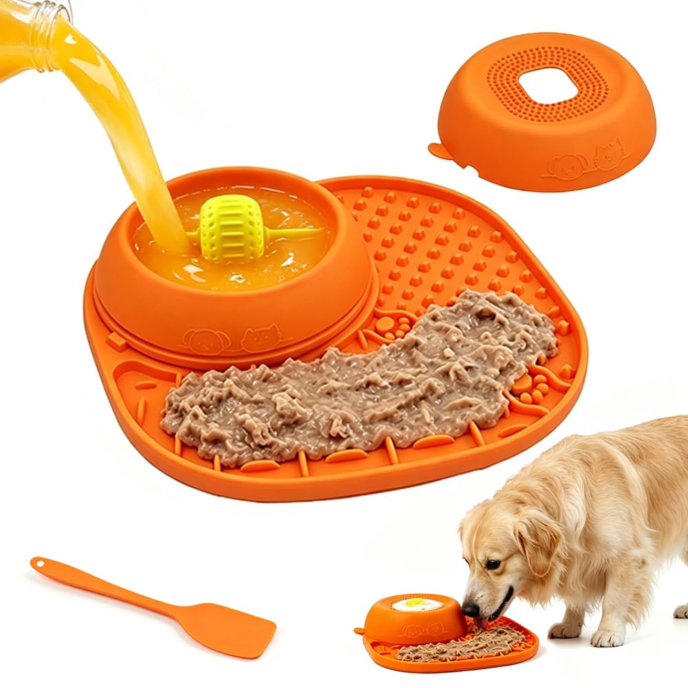 MEEYUU Slow Feeder Lick Bowl with Rolling Interactive Ball, Non-Slip Silicone Lick Mat for Wet Food & Liquid Treats, Feeding Bowl for Small Medium Large Dogs & Cats