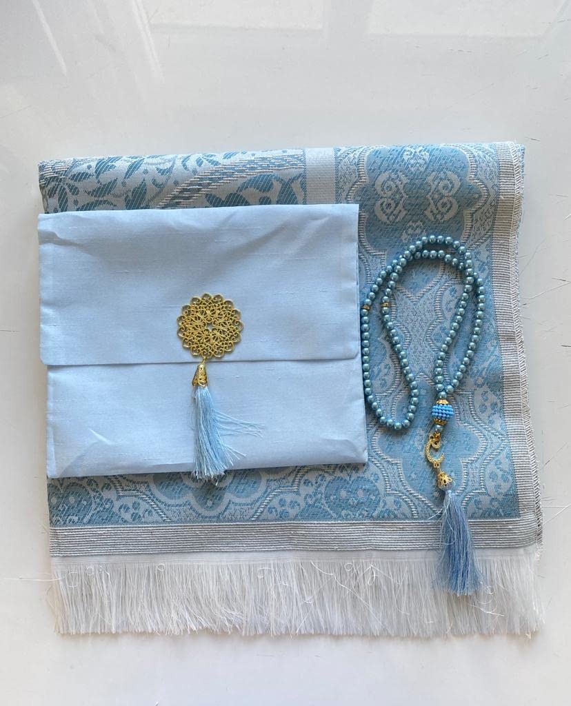 Decoret Muslim Prayer Rug and Beads with Elegant Slub Fabric Bag | Janamaz | Sajadah | Soft Islamic Prayer Rug | Islamic & Mawlid Gifts | Prayer Carpet Mat, Taffeta Fabric (Blue, 8 Sets)