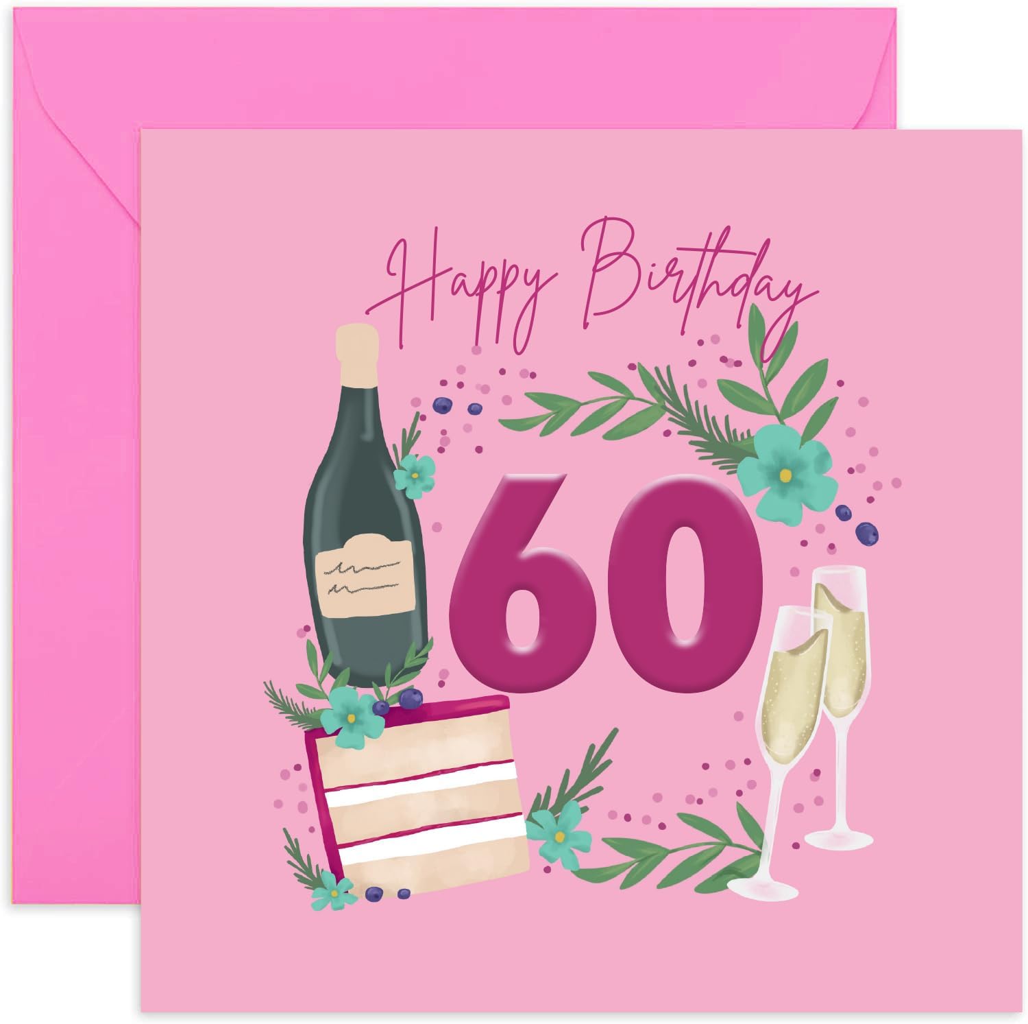 Old English Co. 60th Birthday Bubbles and Cake Card - Champagne Celebrations Feminine Sixtieth Birthday Card for Her | For Women, Sister, Mum, Auntie,