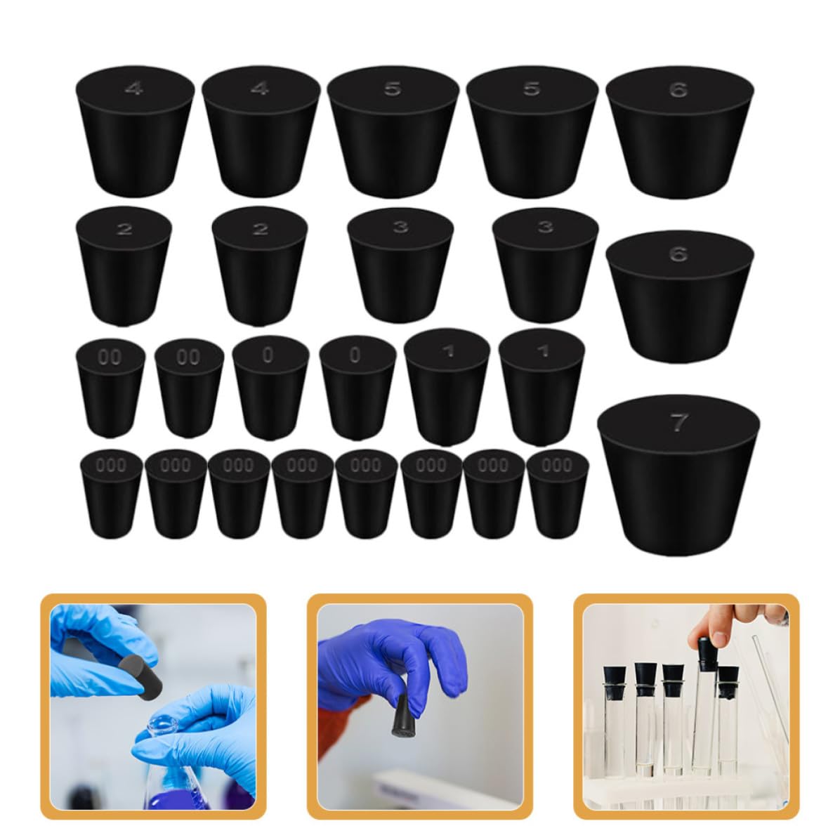 VANZACK 75 Piezas Tapón de Goma Maciza Negro Cónico para Laboratorio, 10