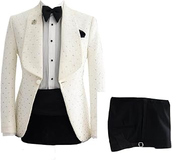 2 Piece Slim Fit Mens Suits Beads Shawl Lapel Blazer Jacket Pants Tuxedo Set for Dinner,Prom,Wedding
