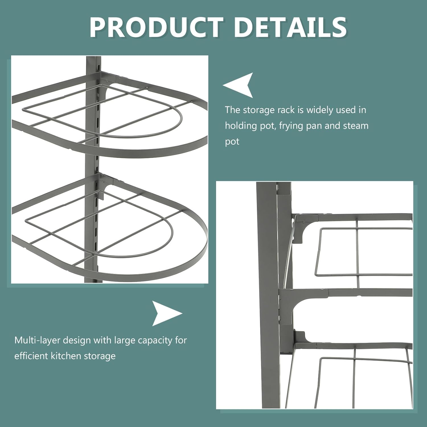 Angoily Foldable Multi-layer Pan Organizer Heavy Duty Pot Rack for Kitchen Cabinet Countertop Storage Space-saving Design Fits Under Sink Multipurpose Holder for Pots Pans Steamers and