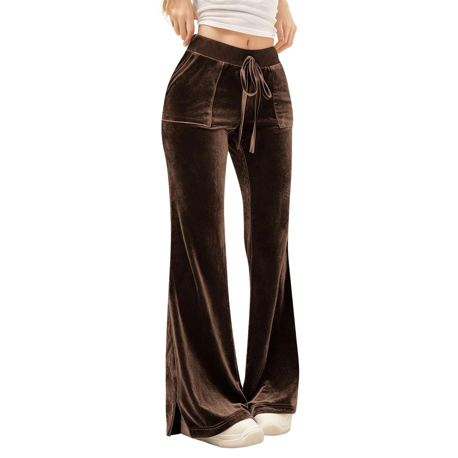 HGps8w Flare Velvet Pants for Women High Waisted Casual Wide Leg Stretch Comfy Lounge Velour Trousers with Pockets