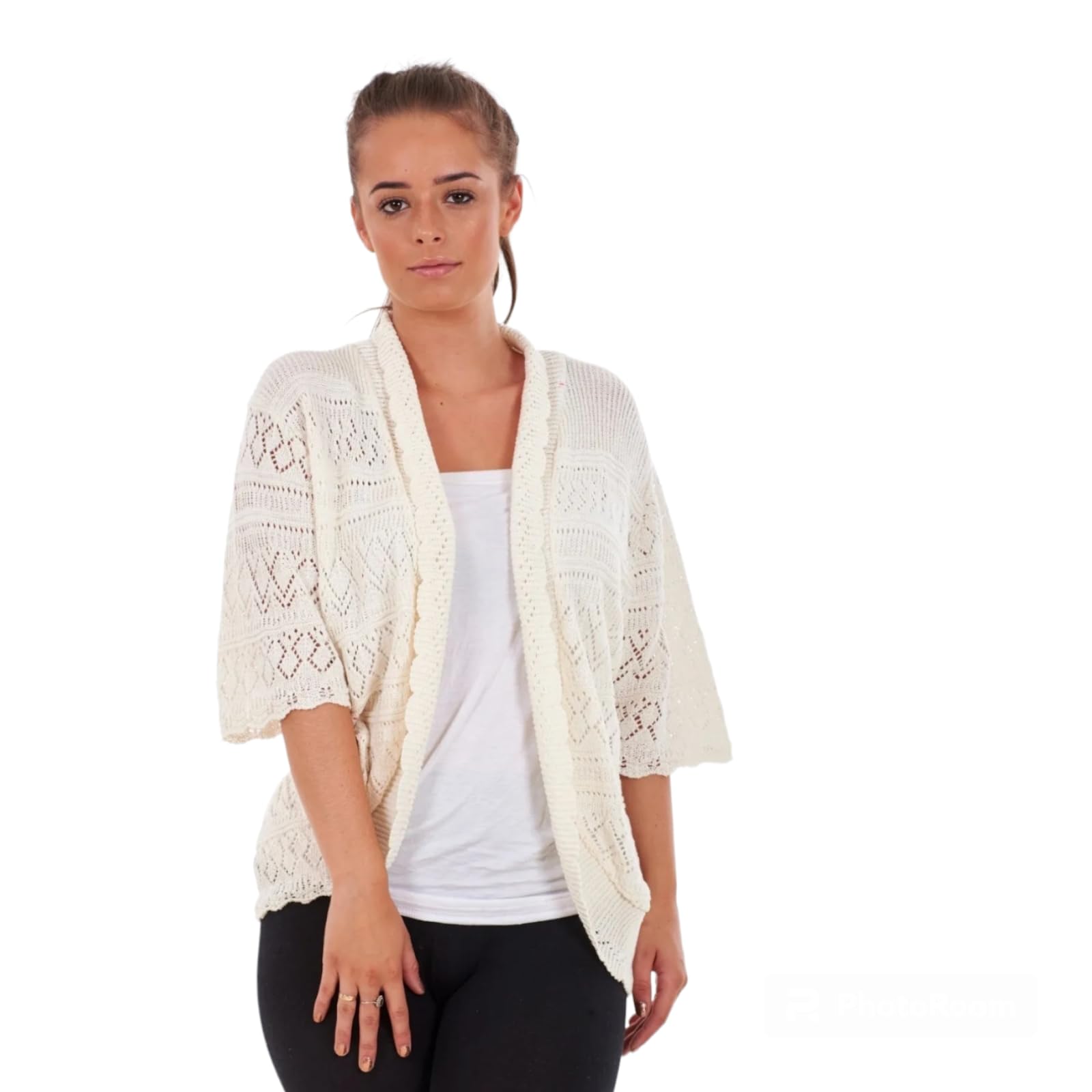 Alam Exclusive Women's Cream Crochet Knitted Bolero Shrug Short Sleeve Elegant Open Front Cardigan Top Tees Vest Summer Plus Size Holiday Party (, M/L (12-14))