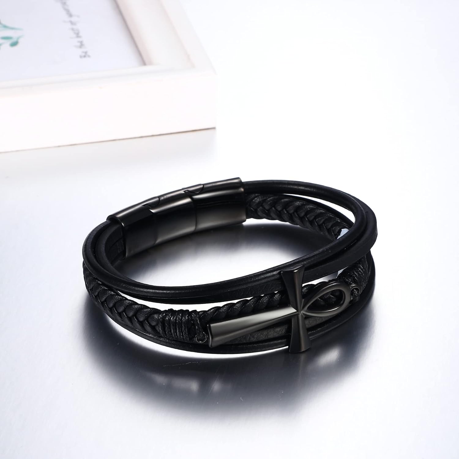 NMQLX Leather Bracelet for Men Women, Ankh Cross Leather Bracelet, Stainless Steel Egyptian Ankh Cuff Bracelet, Leather Braided Bracelet with Magnetic Clasp - Image 5