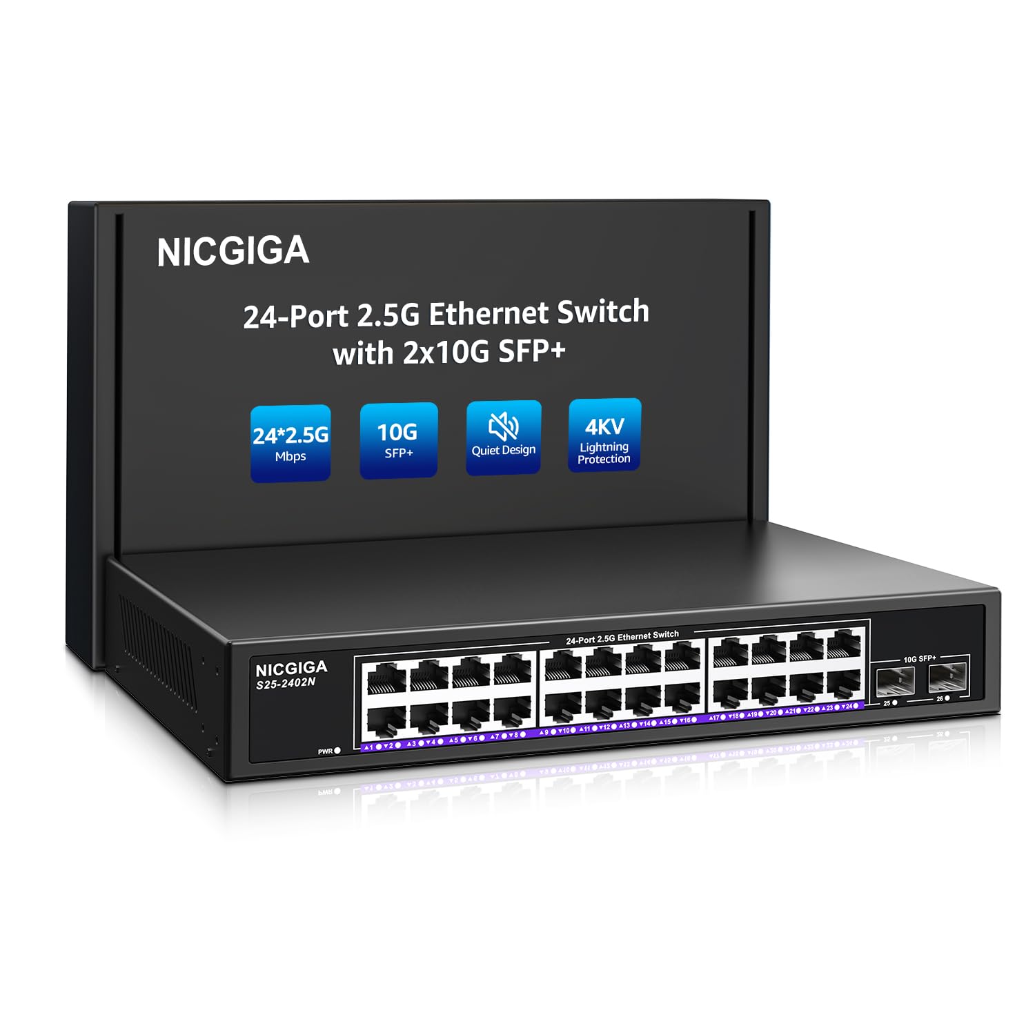 24 Port 2.5Gb + 2 Port 10Gb SFP+ Ethernet Switch, NICGIGA 26 Port 2.5G Network Switch Unmanaged, Plug & Play, Desktop or 19-inch Rack Mount, Fanless Metal Design.-image-26