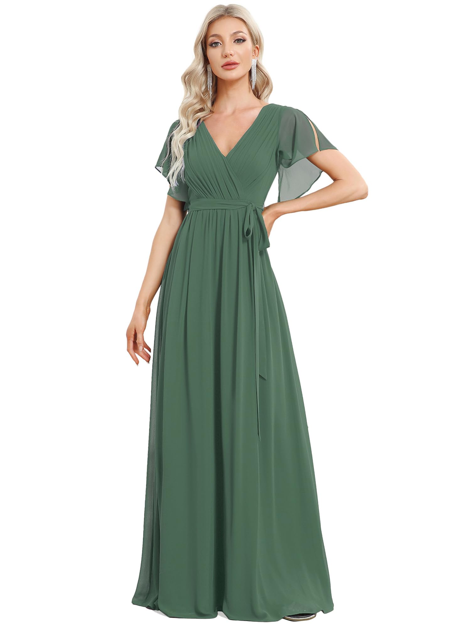 Ever-Pretty Women's Bridesmaid Dress V-Neck Ruffle Sleeves Ruched Bust Floor Length Chiffon Formal Dresses 0164A