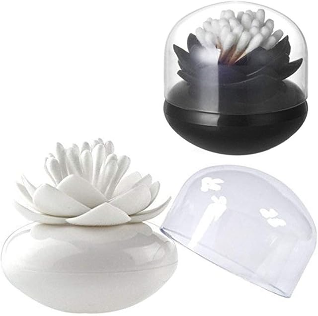 HomDSim 2 PACK Lotus Cotton Swab Holder,Cotton Bud Small Q-tips Toothpicks Brushes Holder Box Case Storage Organizer Jar with Clear Lid Dustproof Cover Black + White, Black + White