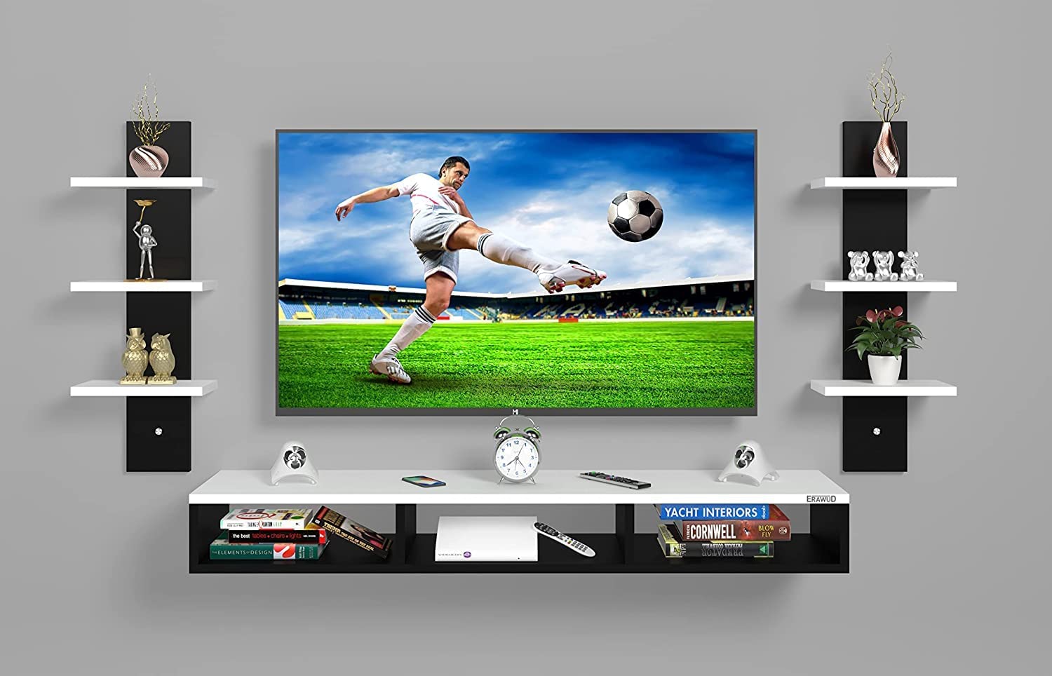 U T E E Z Wooden Wall Mounted TV Unit for Living Room | Engineered Wood TV Cabinet | Set Top Box Stand | Modern TV Stand Shelf for Hall & Bedroom Wall Mount 32 Inch/Engineered Wood (White & Black)