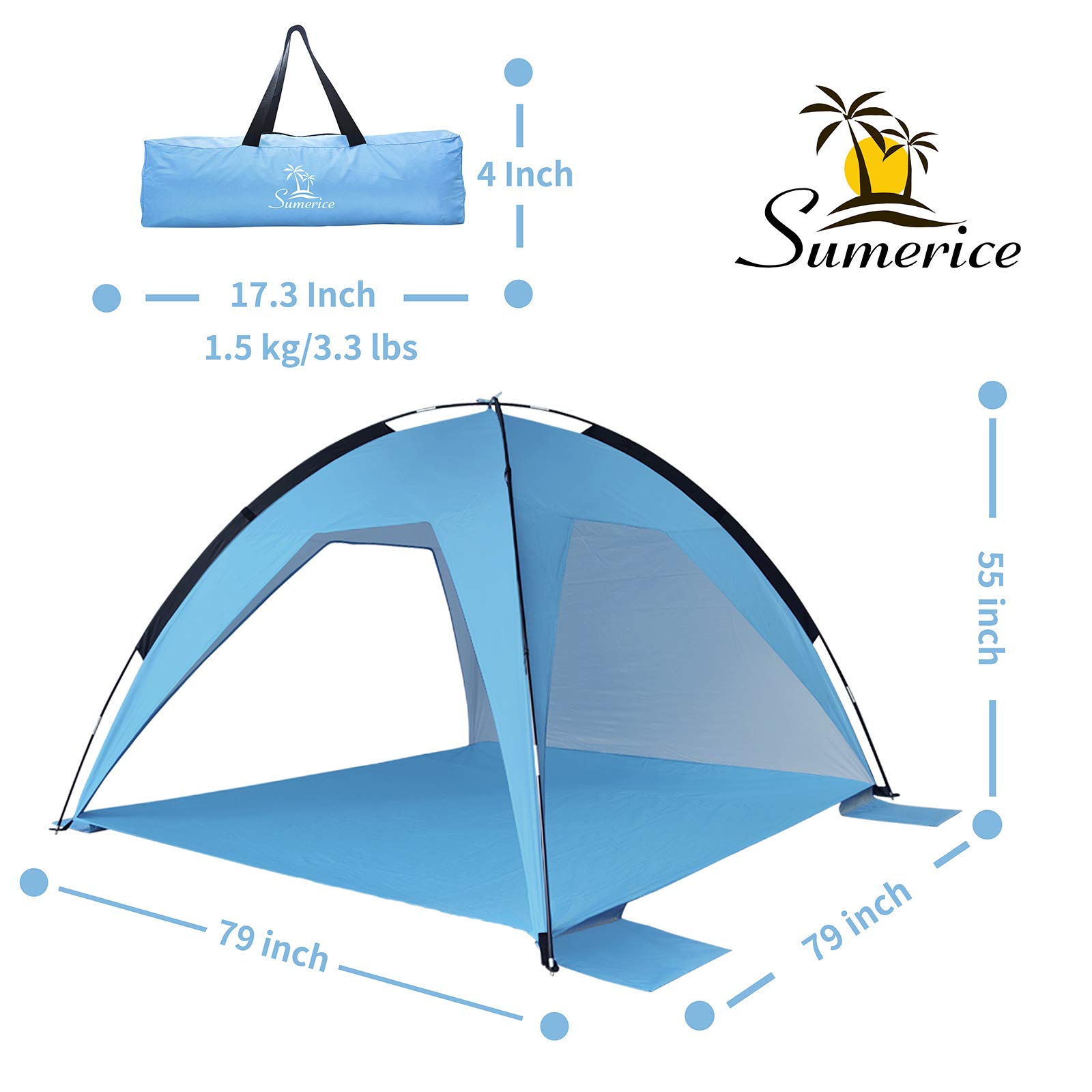 Sumerice Family Beach Tent and Sun Shade UV Cabana Shelter | Camping, Hiking, Fishing | Lightweight, Portable, Breathable, and Windproof | Collapsible (Blue)