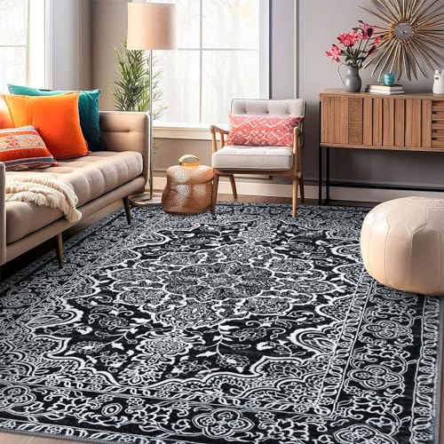 KUTA Area Rugs for Living Room, Washable Vintage Floral Large Rug for Bedroom 8ft x 10ft Non-Slip, Ultra Soft Printed Traditional Medallion Low-Pile Carpet for Dining Room Office Black