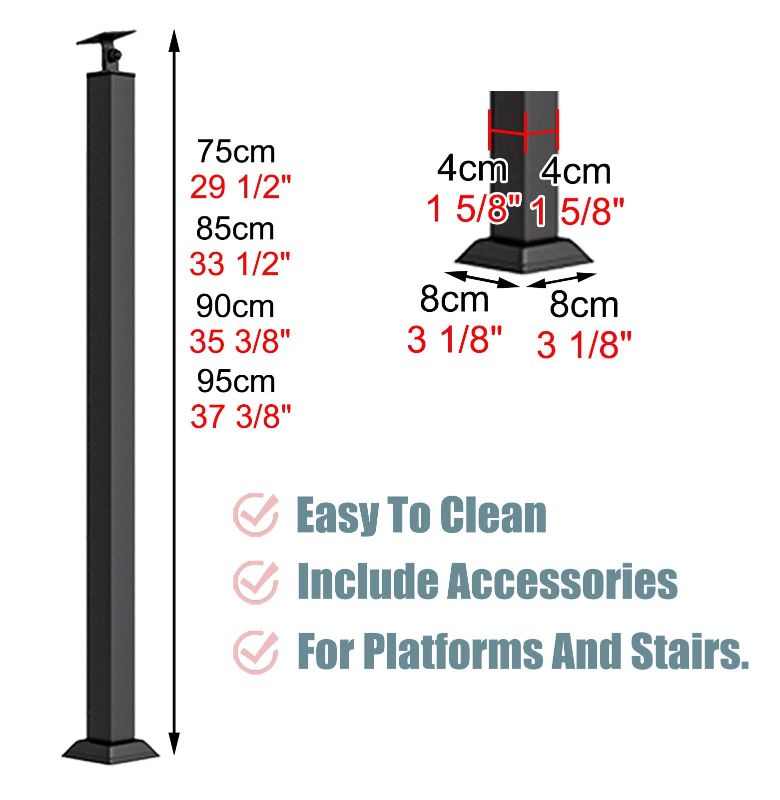 Zestaw czarnych metalowych tralek schodowych – 2 szt. kwadratowych balustrad 95 cm ze złączami i butami, trwała osłona wrzeciona bezpieczeństwa do pokładów wewnętrznych, solidna i stylowa konstrukcja