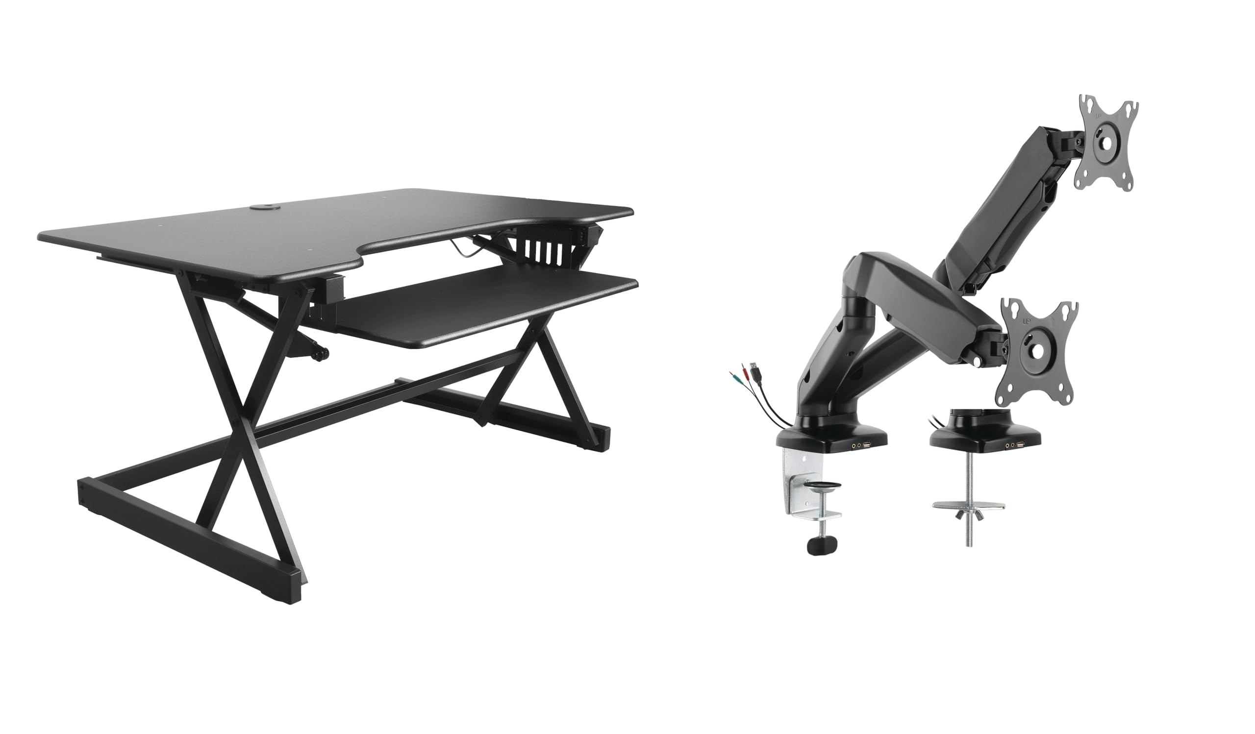 Rocelco 40" Height Adjustable Standing Desk Converter with AC Outlet USB Charger and Dual Monitor Arm Mount - Sit Stand Up Tabletop Riser - Sliding Keyboard Tray - Black (R DADRB-40-ACUSB-MA2)