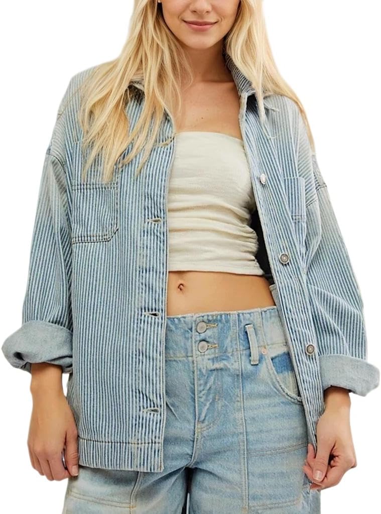 Kedera Women's Striped Denim Jackets Casual Long Sleeve Fall Jean Outfits Boyfriend Denim Coat with Pockets