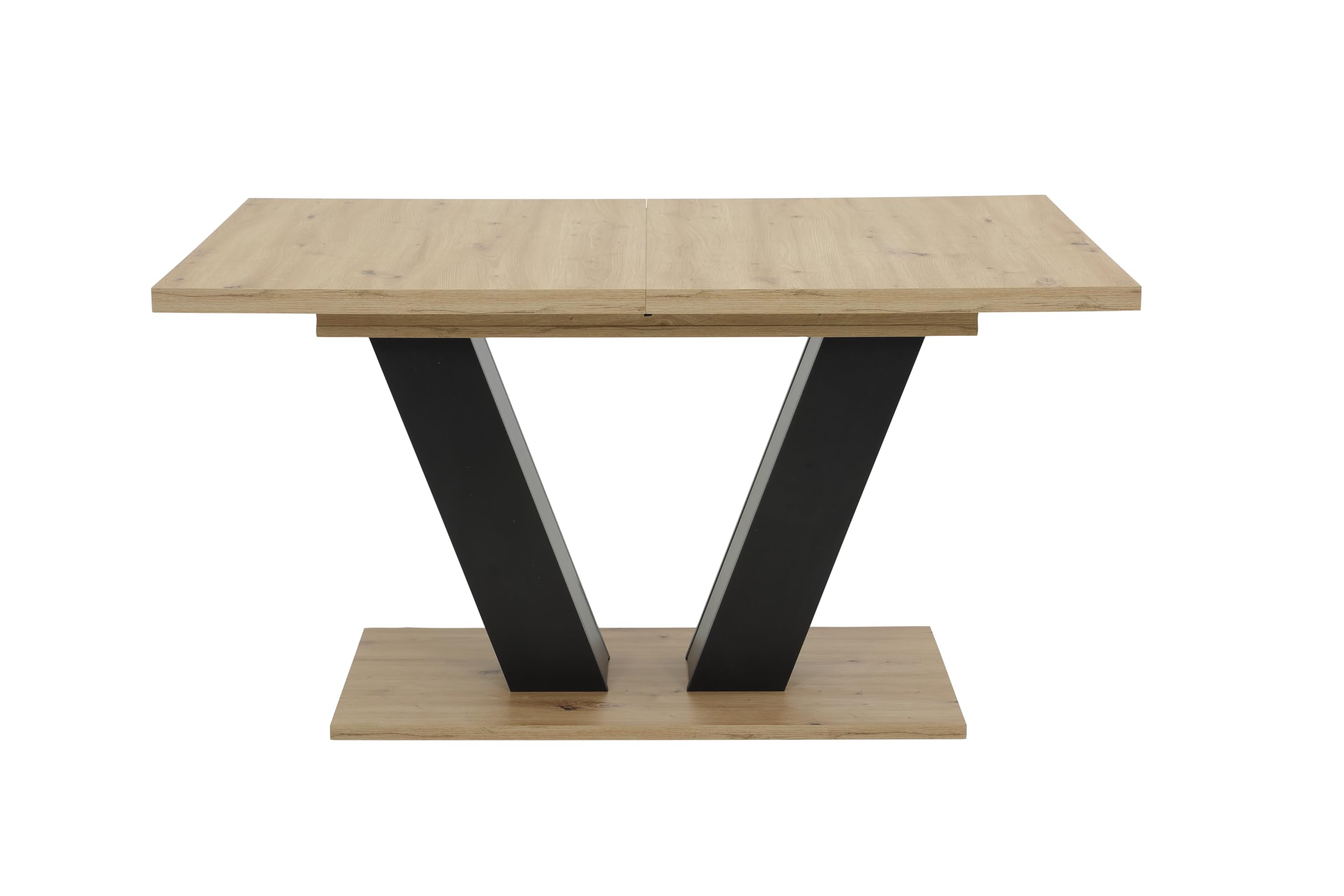 Hela Tische, Ausziehbarer Esstisch Hamm, Dekor Artisan Eiche und Schwarz, 140-180 x 90 cm, V-förmiges Gestell, Synchronauszug, Melaminbeschichtung und ABS Kante