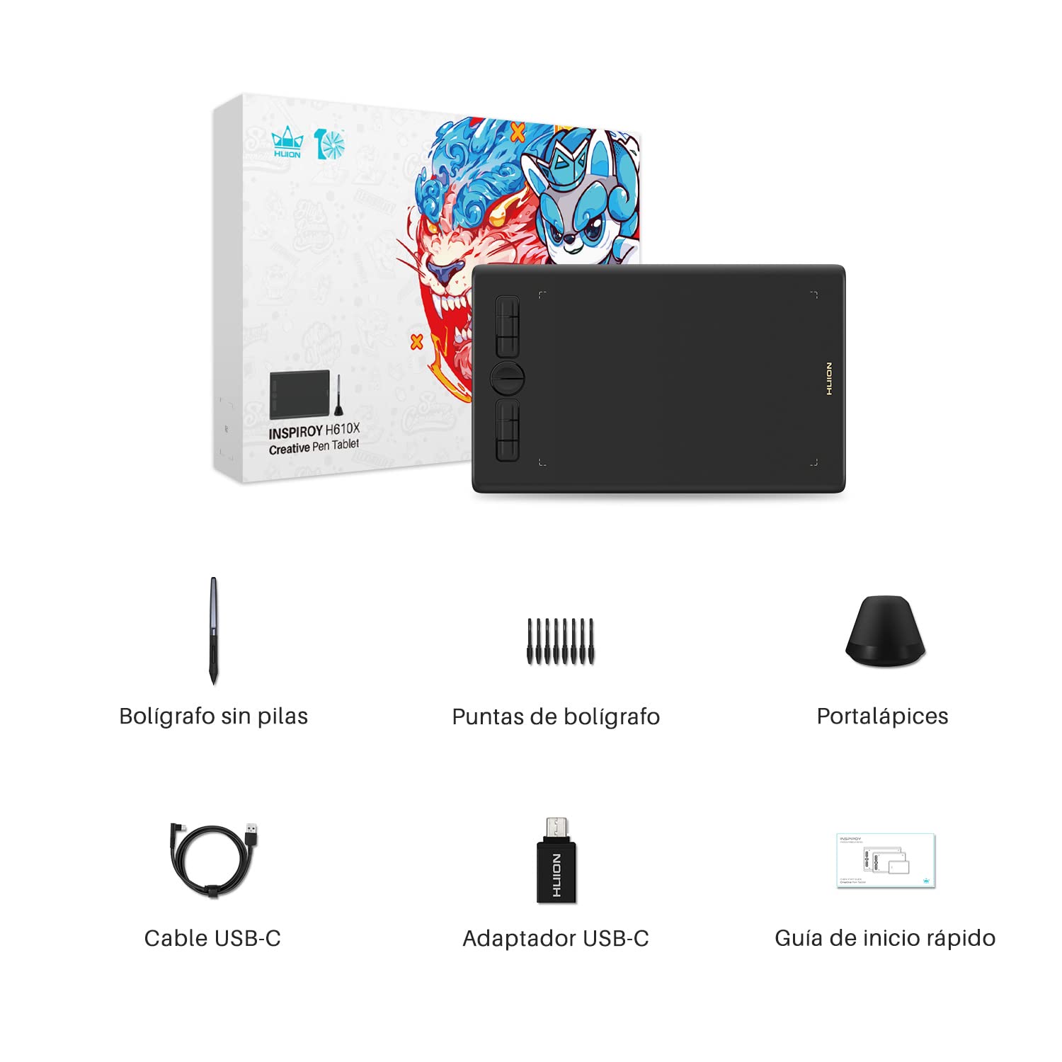 HUION Inspiroy H610X - Tablet gráfica (10 x 6,25 Pulgadas, lápiz Capacitivo 8192 Niveles y 8 Botones expresos, Compatible con Windows, Mac y Android, Ideal para estudiar a Distancia