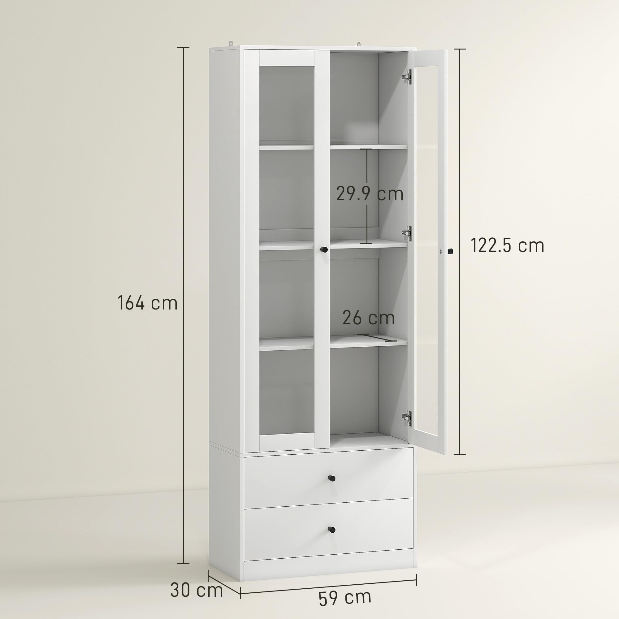 HOMCOM Credenza Cucina Multiuso Mobile con 2 Cassetti 59x30x164cm Bianco | Armadietto, per Soggiorno e Salotto, Ante in Vetro, Cerniere Ammortizzate, Ripiani Regolabili