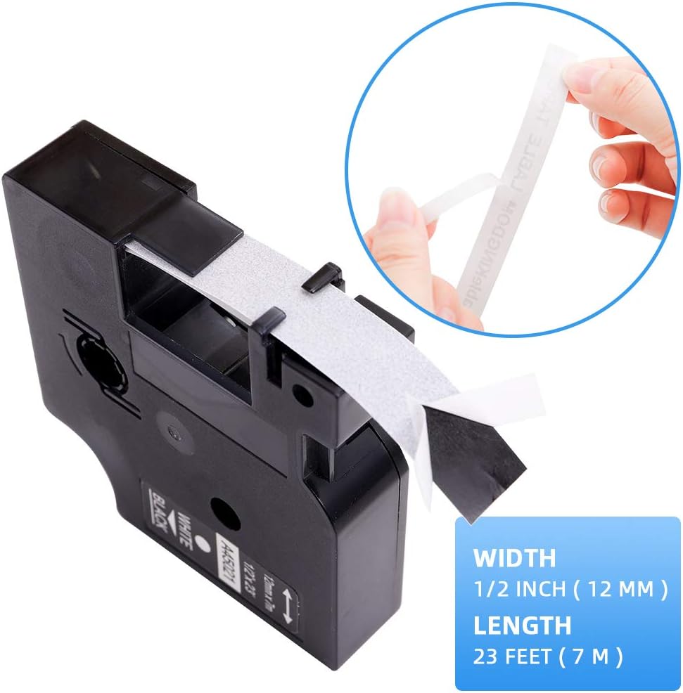 Label KINGDOM Compatible Label Replace for Dymo D1 45021 White on Black Standard Label Tape Refills, 1/2 Inch W x 23 Feet L, S0720610 for LabelManager 210D 280 160 450D Label Maker (4 Pack)