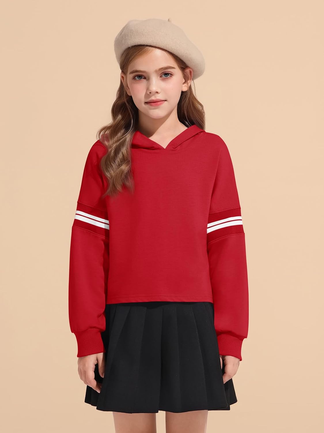 Haloumoning Girls Fashion Hoodies Kids Cute Striped Long Sleeve Crop Tops Hooded Sweatshirts 5-14 Years