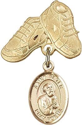 14kt Yellow Gold Baby Badge with St. Peter the Apostle Charm and Baby Boots Pin 1 X 5/8 inches