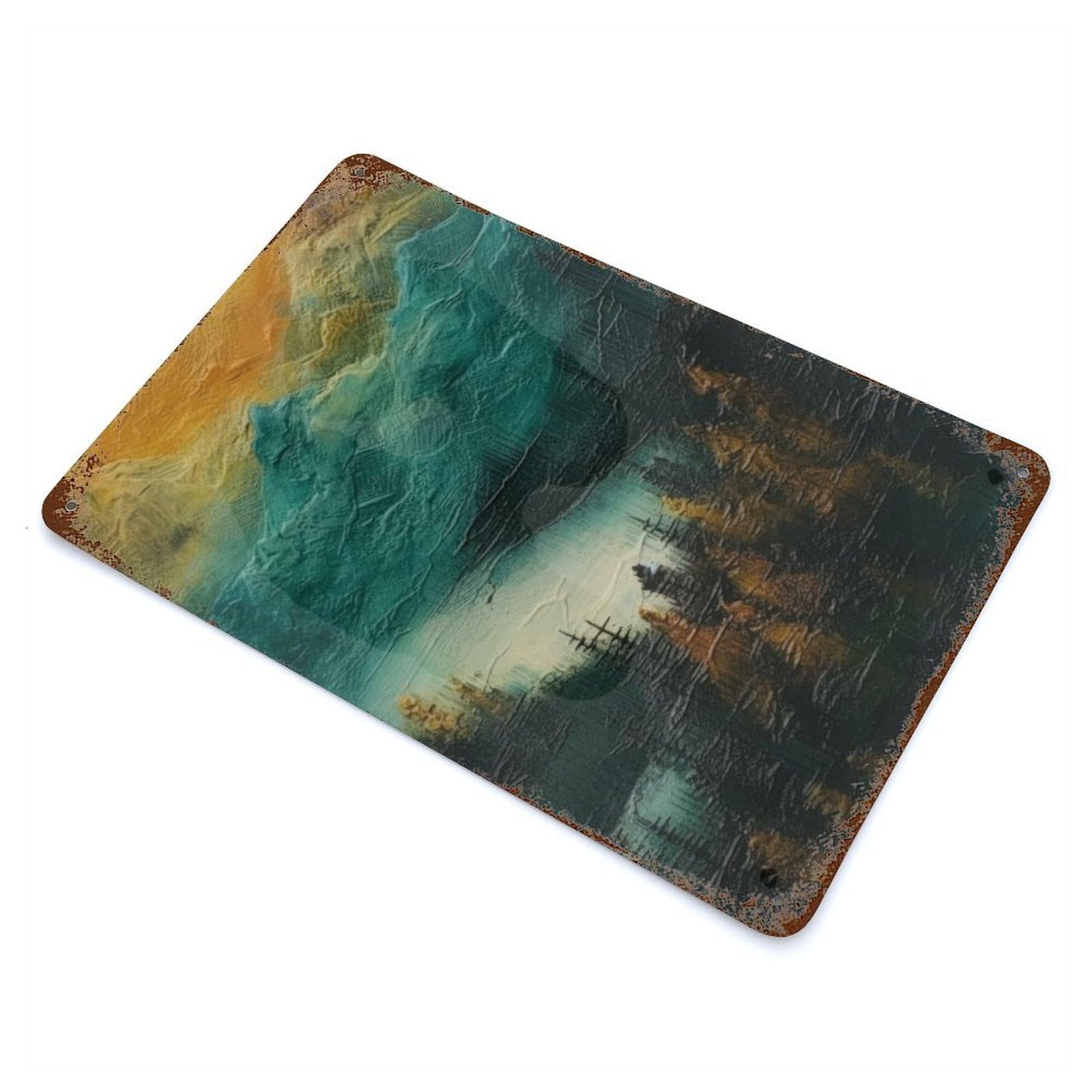 Rust Effect Blue Mountain Landscape Weathered Tin Sign 11.8"x7.9", Novelty Wall Decor for Office, Studio And Wall Decor