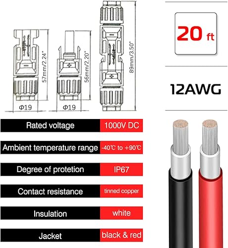 Miniatura 2 de KEDAKEJI Cable de extensión de panel solar, cable de extensión solar de 20 pies 12 AWG con conector hembra y macho adaptador de cable de panel solar